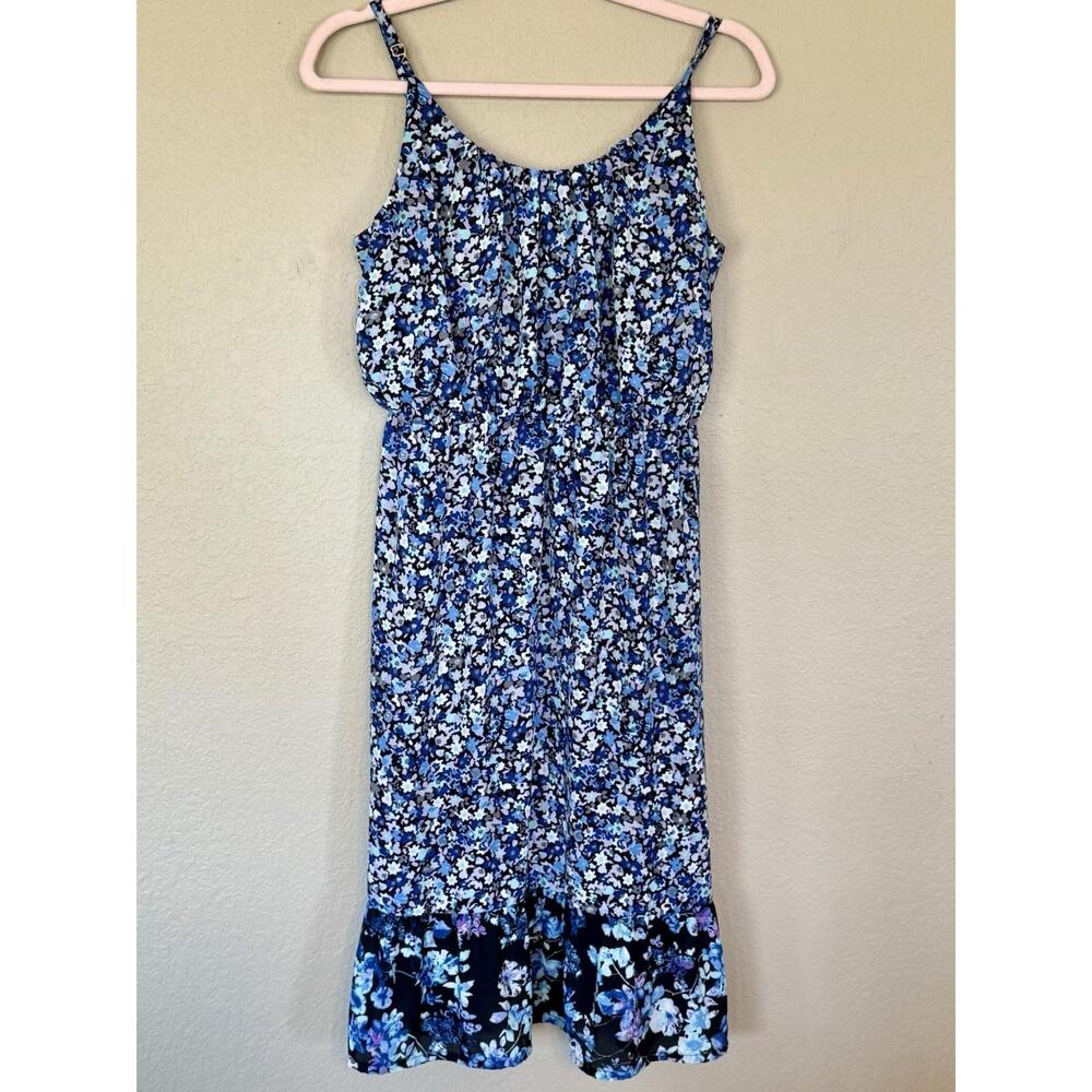 Elle Sundress Womens Large Floral Blue Print Ruffle Lightweight Summer 543D
